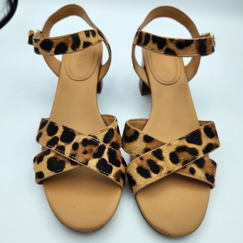 J Crew Womens 8 Calf Hair Leopard Low Block Heel Sandals Brown Black‎ Open Toe